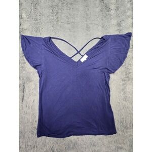 ModCloth Womens Navy Blue Flutter Sleeve Crisscross V-Neck Knit Top Large